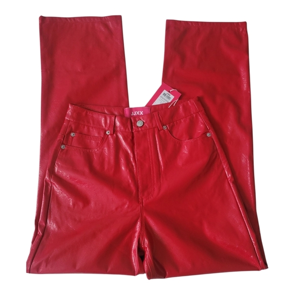Glossy Red Straight Leg Faux Leather Pants - Picture 10 of 13